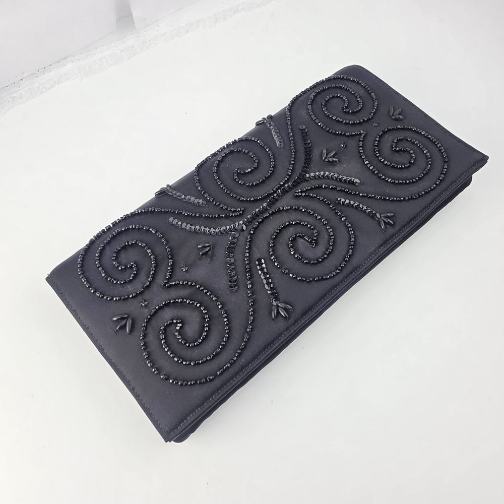Vintage Magid Black Hand Bead Silk Evening Bag Clutch Purse Sequence Rhinestone